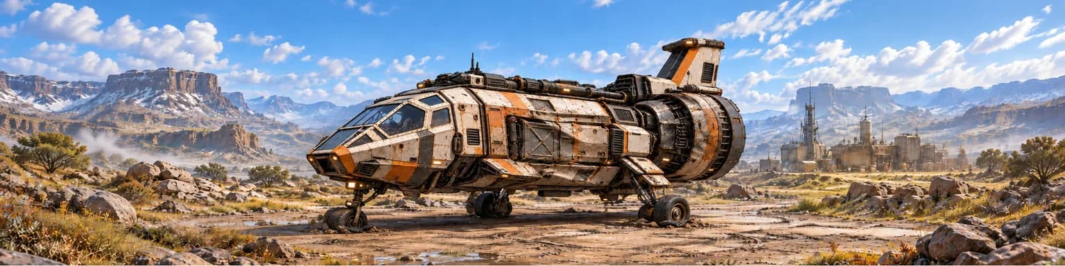 The repaired Rivet Utility Shuttle standing on its landing gear on wet ground, hull panels patched and whole, a mesa and a spired outpost behind it